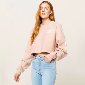 Champion Light Blush Pink Logo Cotton Reverse Weave Cropped Cut Off Sweatshirt